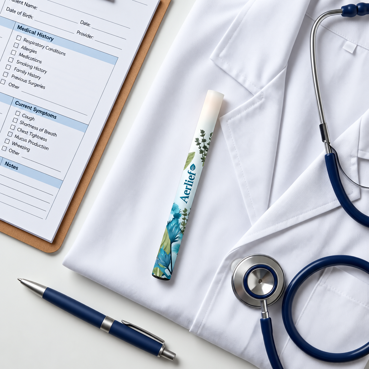Aerlief inhaler with stethoscope and medical clipboard