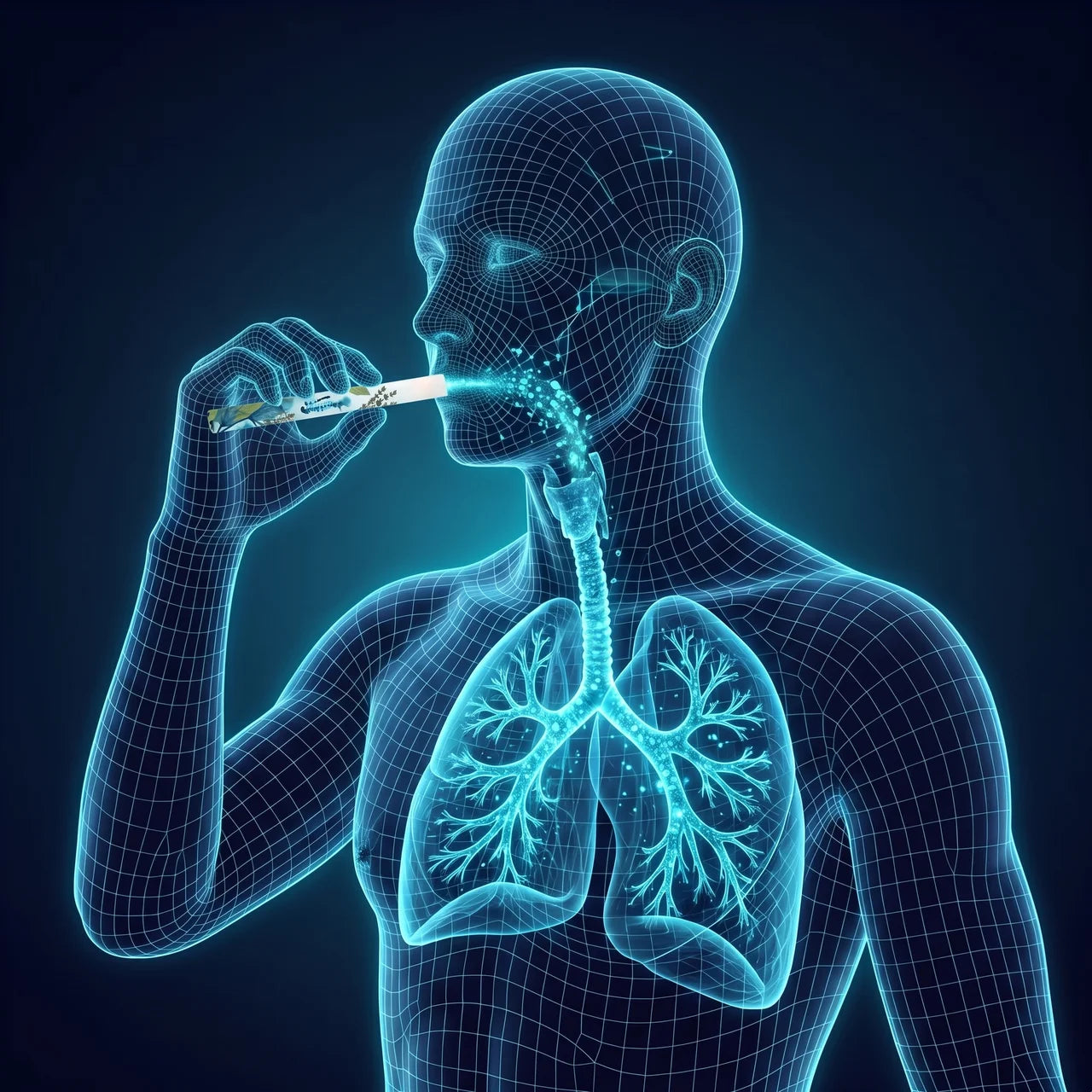 Blue wireframe figure showing inhaled botanicals reaching deep into lungs