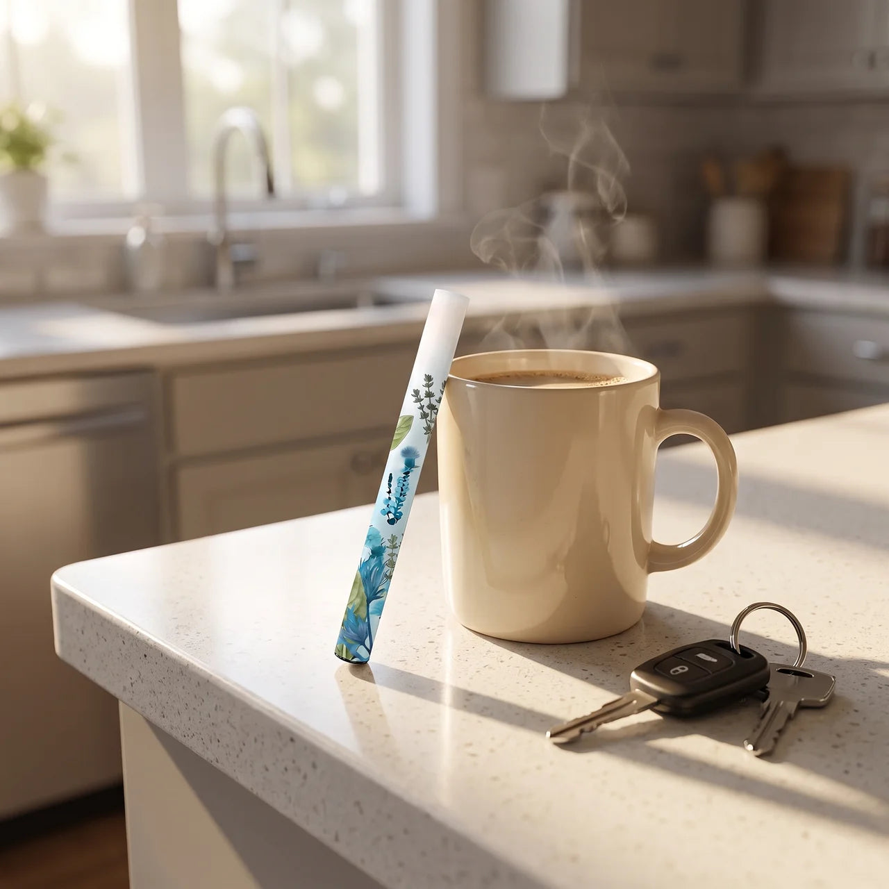 Aerlief inhaler on kitchen counter with morning coffee